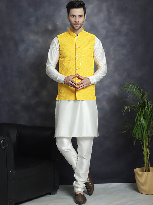 Men's Sequins and Embroidred Nehru Jacket With Solid Kurta Pyjama